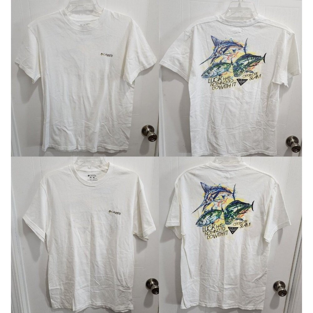 Lot of 2x Columbia PFG White Fish Graphic Off Shore Slam T-Shirt Size M SEE PICS